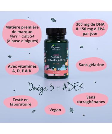 Omega 3 + Vitamins A D3 E K2 | Unique & VEGAN | With EPA and DHA | Premium Quality: life's OMEGA | Cardiovascular Health | 60 Capsules | Vegavero  - Buy Online on GoSupps.com