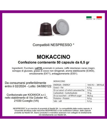 50 KICKKICK Mocaccino Capsules Compatible with Nespresso MADE IN ITALY Coffee Milk and Chocolate Flavored Drink Pods for Nespresso Capsule Machine - Buy Online on GoSupps.com