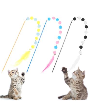 Fanshiontide 3 Packs Cat Wand Interactive Cay Toy Cat Feather Toys with Plush Balls and Bells Cat Teaser Wand for Indoor Cat Kitten Hunting Exercising Eliminating