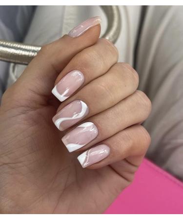 Sethexy French Short Square False Nails Collection - 24Pcs Glossy White Swirl Press on Nails - Buy Online on GoSupps.com