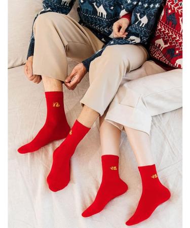 Chinese New Year Men's Cotton Sports Socks - Red Embroidered Spring Festival 2 Pairs (Size 39-44) - Buy Online on GoSupps.com