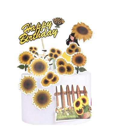 Sunflower Cake Decoration Flower Cake Toppers Picks Summer Happy Birthday Party Supplies for Birthday Cake Decorating Tools(Set of 7)