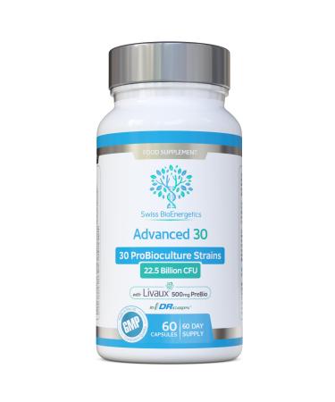 Bio Cultures Complex Probiotics & Prebiotics - Advanced 30 Strains & 22.5 Billion CFU with 500mg of Livaux PreBiotic per Capsule - 2 Month Supply in DR-Caps for Optimal delivery to The Gut - UK Made