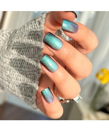 Short False Nails 24PC Fake Nails Short Holographic Blue Color Press On Nails Short With Glue Stickers French Stick On Nails For Women Elegant Touch Nails For Party Daily (JP1314)