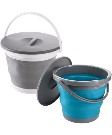 Bekith 2 Pack Collapsible Plastic Bucket with Locking Lid 5L / 1.32 Gallon Foldable Round Tub Portable Fishing Water Pail for Hiking Backpacking Camping and Outdoor Survival (Blue Gray)
