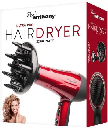 Paul Anthony Ultra Pro 2200W Hair Dryer - Hot Red | 3 Heat Settings, 2 Speed Settings, Cool Shot | Concentrator Nozzle, Diffuser | Safety Cut-Off | H1520RD - Buy Online on GoSupps.com