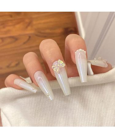 Press on Nails 3 Sets Pearl Bow Press-on Nails Long Aurora Powder Artificail Nails Fake Nail for Women Girls (Color : White) (Color : White) (White) - Buy Online on GoSupps.com