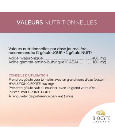 BIOCYTE Hyaluronic Day/Night 400mg - Hydrates Plumps Skin Anti-Wrinkles - Hyaluronic Acid Gamma-Amino-Butryric Acid - Vegetarian - 30 Capsules Day - 30 Capsules Night - 30 Day Program - Buy Online on GoSupps.com