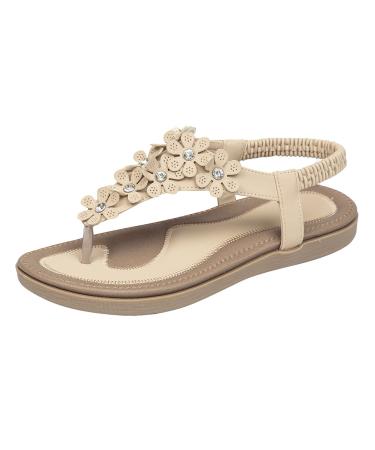 XTZYGLFD women's sandals summer Bohemian flower pearl clothing shoes comfortable open toes elastic ankle straps slip-on sandals Roman sandals shoes sandals with wedge heel for women 4.5 UK