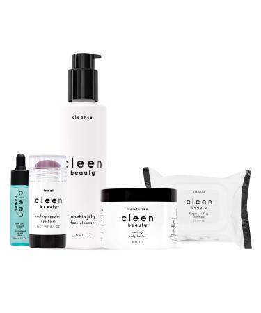 Cleen Beauty Everyday Essentials Skin Care Set | Blue Light Defense Serum + Cooling Eggplant Eye Balm + Rosehip Jelly Face Cleanser + Fragrance Free Face Wipes + Moringa Body Butter | Cruelty Free