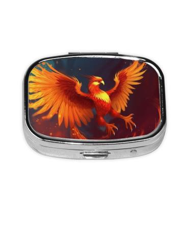 Orange Red Phoenix Printing 2 Compartment Small Pill Case Cute Small Pill Box Purse Pill Boxs Travel Pill Organizer for Pocket Purse and Travel Gifts