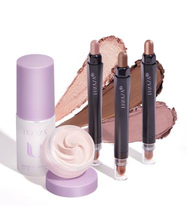 LUXAZA 3Pcs Eyeshadow Stick Shimmer And Matte Neutral Eye Shadow Sticks Pencil Crayon With Eyeshadow Primer And Setting Spray 3-in-1 Eye Makeup Kit-Waterproof A-Hawthorn Set