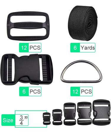 6 Yards Black Nylon Webbing Strap Set with Plastic Buckles, Tri-glide Slides, and Metal D Rings - 3/4 Inch - Buy Online on GoSupps.com