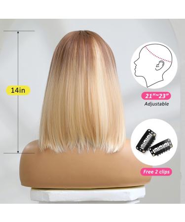 OUFEI 14 Short Straight Blonde Bob Wig with Brown Roots - Synthetic Hair for Women | Cosplay & Party Ombre Blonde Wig - Buy Online on GoSupps.com