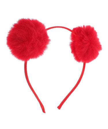 minkissy Plush Ball Headband Fluffy Pom Pom Headband Cat Ear Headpieces Christmas Party Hair Accessory for Women Kids Red