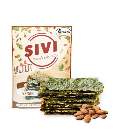 SIVI Almond Fillings Seaweed Snacks, Keto, Vegan, Plant Based, High Protein & Gluten Free Seaweed Chips with Omega 3, Natural Iodine Source, Healthy Snacks For Kids & Adults, Pack of 4, 1.41 oz Almonds Filling?4 Packs? 4 P…