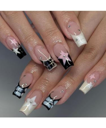 Y2K Press on Nails Medium Long Coffin French Tips White Fake Nails with Rhinestones White Pink Star Design Ballerina False Acrylic Full Cover Glue Stick on Nails for Women Wedding 24Pcs Y2K with Rhinestones A01