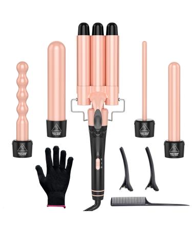 Obvhnua 5 in 1 curling iron 3 barrels 9-32mm ceramic curly winder 2-stable temperature 150-230 C fast heating 2m 360 rotatable cable with glove comb and 2 hairpouting champagne gold 02
