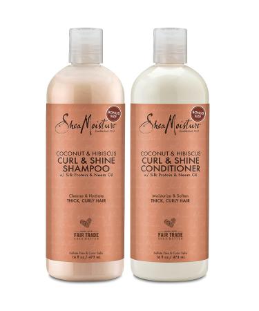 Shea Moisture Shampoo and Conditioner Set, Coconut & Hibiscus Curl & Shine, Curly Hair Products with Coconut Oil, Vitamin E & Neem Oil, Frizz Control, Family Size, 16 Fl Oz Ea