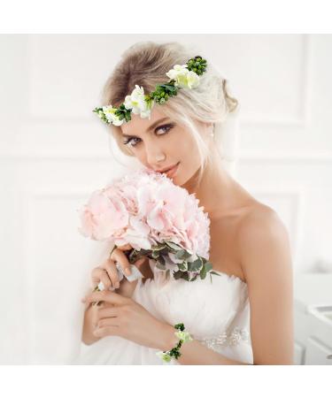 White Flower Wreath & Bracelet Set - Adjustable Hair Garland for Weddings Bridesmaids & Children - Buy Online on GoSupps.com