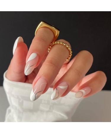 Justotry 24 pieces swirl stiletto nails to stick on short milky French artificial nails nude almond art nails press on nails acrylic fingernails fake nails short for women wsfa