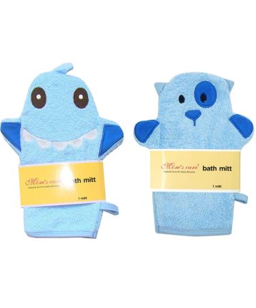 2Pcs Blue Baby Wash Mitt - Cute Animal Designs Kids Washcloths Glove Child Bath Mitt for Cleanse The Skin