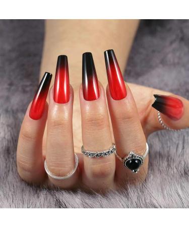 Uranian Coffin Press on Nails - Long Black Ombre Glossy False French Tip Nails for Halloween - 24pcs Red-Ombre Acrylic Nails - Buy Online on GoSupps.com