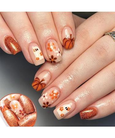 48Pcs Halloween Press on Nails - Cute Pumpkin & Ghost Glitter Acrylic Full Cover - Short Square Reusable Stick On Nails for Women - Buy Online on GoSupps.com
