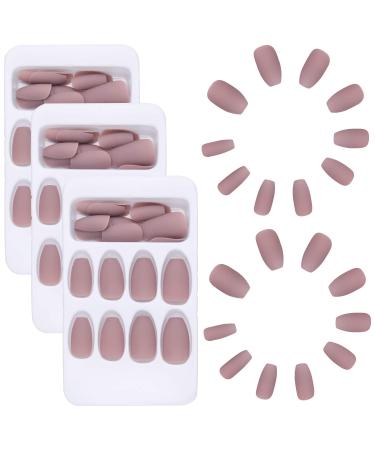 72 Pieces Nude Pink Matte False Nails Full Cover Coffin Fake Nails Tips with Nail Glue Nail Files Wooden Sticks for Women Girls DIY Nails Favors