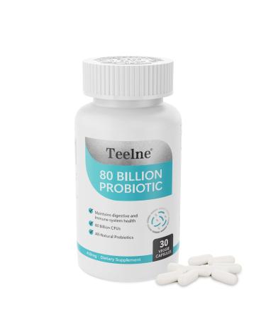 Teelne Probiotics 80 Billion CFU - 10 strains, Prebiotic+ Probiotics Support Digestive & Gut Health, Bloating & Constipation Relief, 30 Capsules (30-Day Supply)