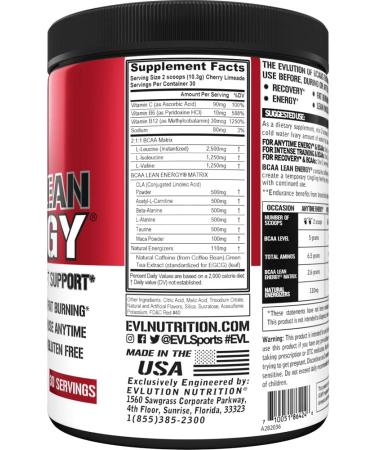 EVLution Nutrition BCAA Lean Energy Cherry Limeade 10.90 oz - Boost Performance & Recovery - Buy Online on GoSupps.com