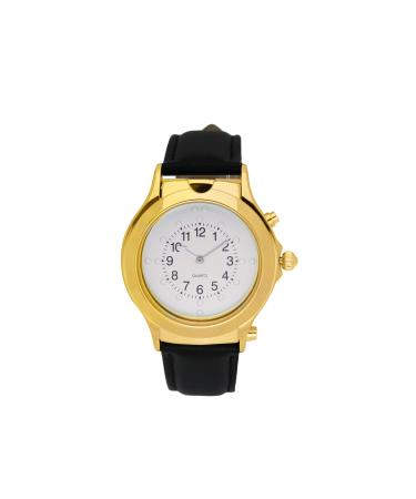 QIATKWH English A quartz watch that can touch and speak Gold Alloy case with Black Leather Strap
