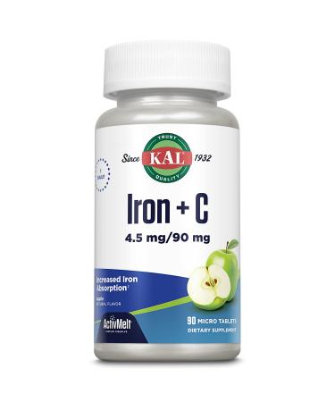 KAL Iron Plus C Instant Dissolve Iron Supplement for Women and Men Increased Absorption Iron Pills Natural Apple Flavor 60-Day Money-Back Guarantee GMP Facility 90 Servings 90 Micro Tablets - Buy Online on GoSupps.com