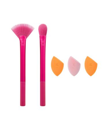 Real Techniques Limited Edition Starlite Nights Brush + Sponge Kit Makeup Brush & Makeup Blending Sponge Set For Concealer Foundation & Powder For Matte or Dewy Skin 5 Piece Gift Set