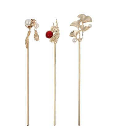LALAFINA Pins Sticks Pin Handmade Women Traditional Forks Stick Girls Fork Head Bride Accessory Decorative Long Chopsticks Accessories Chinese Pearl Making Bun Styling Alloy Beaded Golden