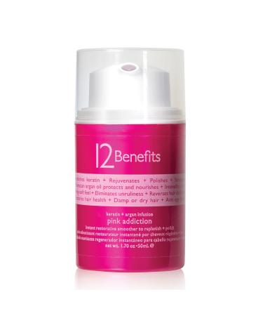12 Benefits Pink Addiction Balm - 1.7 Fl Oz Keratin + Argan Oil Hair Cream for Blow/Air Dry Frizz Free Styling Smooths Strengthens and Rejuvenates Hair