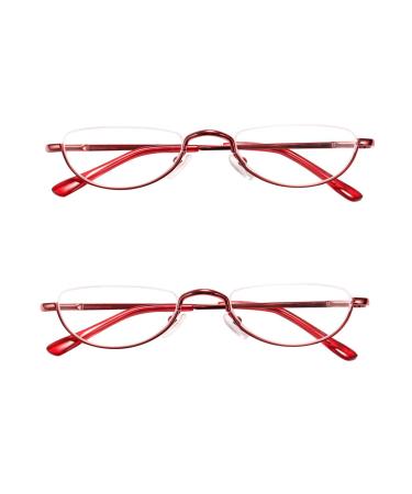 2 Pack Vintage Metal Half Moon Reading Glasses Women Men Slim Half Frame Lens Readers Glasses 2 Pack (Red red) +2.0