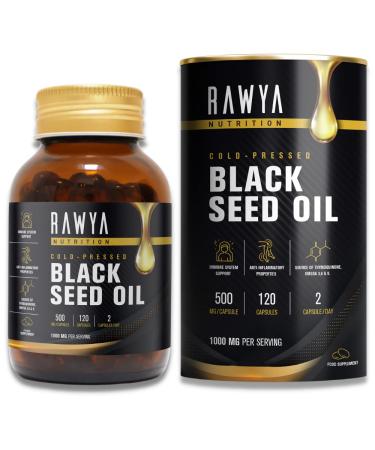 RAWYA Black Seed Oil - 120 Softgel Capsules, Premium Cold-Pressed Nigella Sativa, Pure Black Cumin Seed Oil - 500mg Each, Supports Immune System, Joints, Hair Growth & Skin, Halal