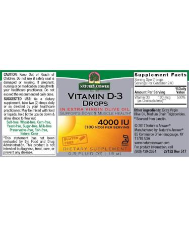 Nature's Answer Vitamin D-3 Drops 4000 IU - 0.5 fl oz (15 ml) - Boost Immune Health & Bone Strength - Buy Online on GoSupps.com