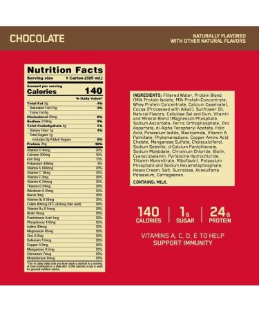 ON Gold Standard Ready To Drink Protein Shake | 24 Grams Protein 140 Calories 1 Gram Sugar | Gluten Free Protein Shake with Vitamin A C D E to Support Immunity | 355 mL Per Shake (Chocolate Pack of 12) Chocolate Pack of 12 - Buy Online on GoSupps.com