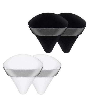 QLines Powder Puff 4 Pcs - Triangle Powder Puffs - Soft & Resuable Foundation Makeup Sponge with Silky Ribbon - Perfect for Pressed and Loose Powder Dry & Wet Makeup Black & White 4Pcs