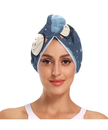 Penguins Stars Clouds Hair Towel 2 Pack Super Absorbent Hair Drying Towel Quick Dry Hair Turbans Head Towel with Button Twisty Wrap for Women Girls