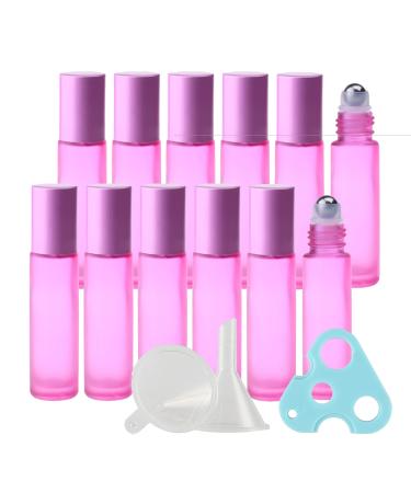 Tianzd 12 pieces empty 10ml matt pink glass roller bottles with aluminum screw cap roll-on glass bottles with glass roller for essential oils essential oil with funnel opener