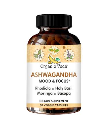 Organic Veda Ashwagandha Mood Support Supplement 1200mg with Organic Ashwagandha Root Bacopa Rhodiola Rosea Holy Basil Moringa Focus & Energy Support - 60 Vegan Capsules