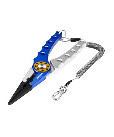 Booms Fishing X1 Aluminum Fishing Pliers Saltwater, Surf Fishing Tackle Kit, Fishing Multitool Hook Remover Braided Fishing Line Cutting and Split Ring with Coiled Lanyard and Sheath Blue(Coms 1 Sheath and 1 Lanyard)