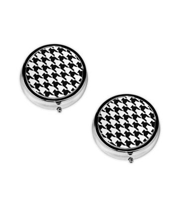 (Houndstooth Black) Round Pill Box 3 Compartment Pill Box Mini Decorative Pocket Purse Portable Travel Medicine Tablet Vitamin Holder Organizer Pill Case