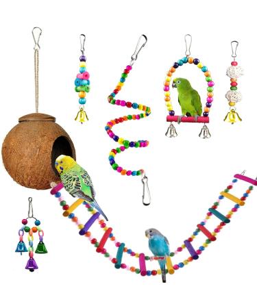 Bird cage Accessories Parakeet cage Accessories Cockatiels Toys Bird Cage Hammock Swing Set JKBBKLCZ Natural Wood Coconut Bird House with Ladder Small Bird Parrot Swing Chewing Toys Bird Toys