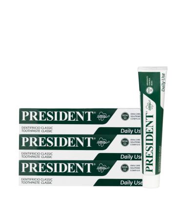 President President CLASSIC TOOTHPASTE KIT for daily use. Anti-plaque anti-decay remilling and antihalitosis. With vegetable extracts of lemon balm sage chamomile. RDA 50. 3 x 75 ml