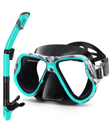 Greatever Dry Snorkel Set,Panoramic Wide View,Anti-Fog Scuba Diving Mask,Professional Snorkeling Gear Black Green Adults