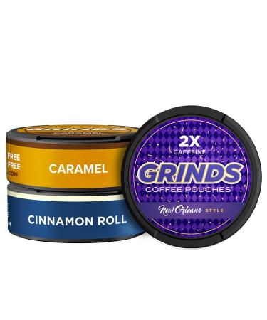 Grinds Coffee Pouches | New 3 Can Sampler | Caramel, New Orleans, Cinnamon Roll | Tobacco Free, Nicotine Free Healthy Alternative | 1 Pouch eq. 1/4 Cup of Coffee ( New 3 Can Sampler Pack)
